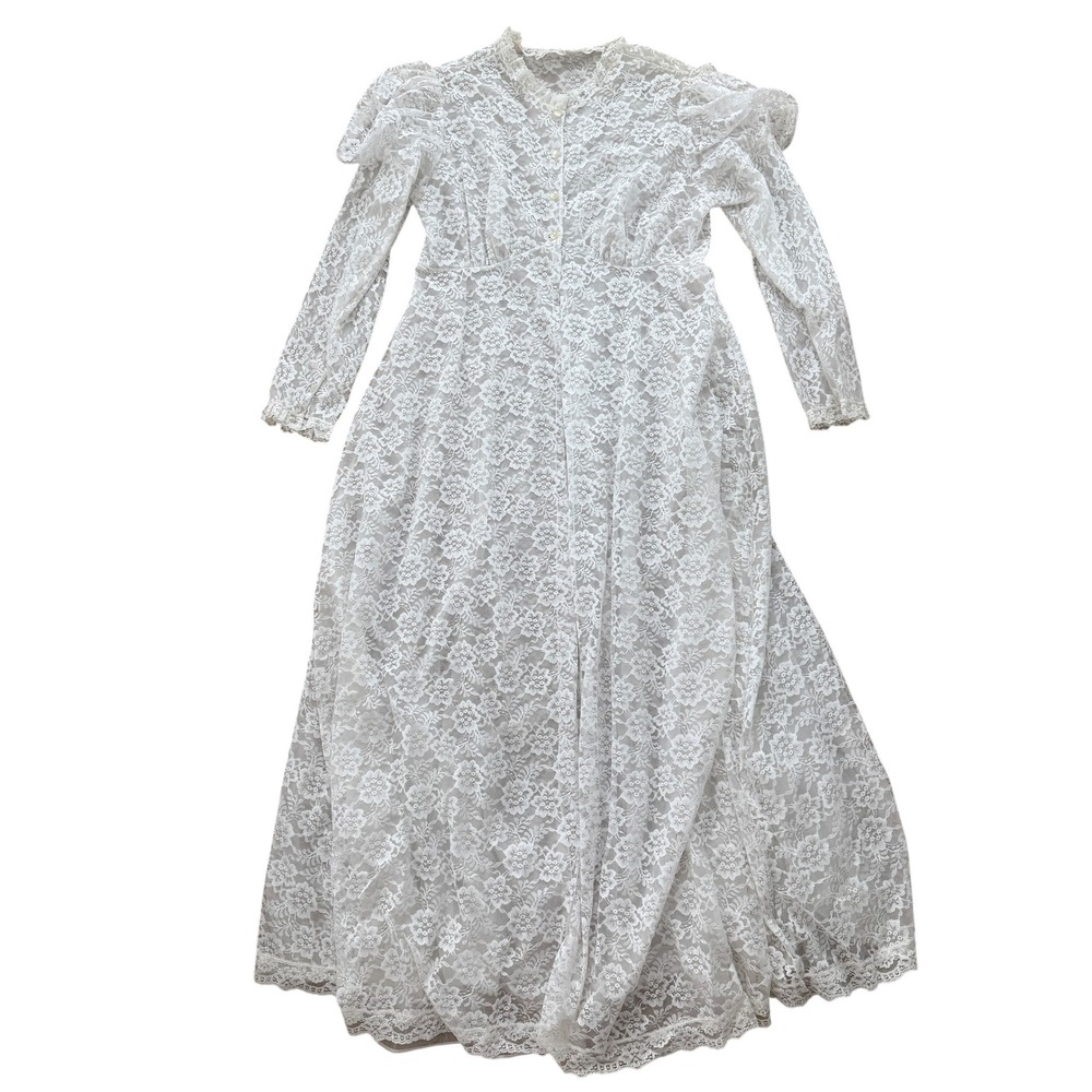 Rovel of California Vintage 60s Lace Nightgown Puff Sleeve Maxi Robe White M